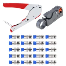Cabo coaxial stripper compressão f conector rg59 rg6 cabo friso alicate stripper rede braçadeira friso ferramenta com 20 pces f cabeça
