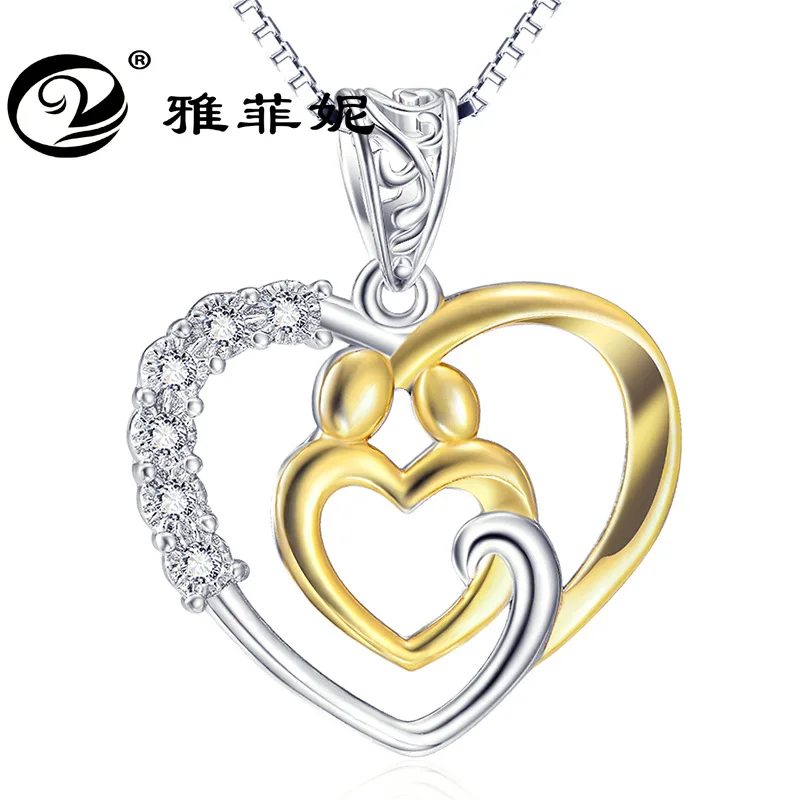 

MOTHER'S Day Gift 925 Sterling Accessories Mother And Child Heart-shaped Pendant Micro Pave Necklace Explosive Materials