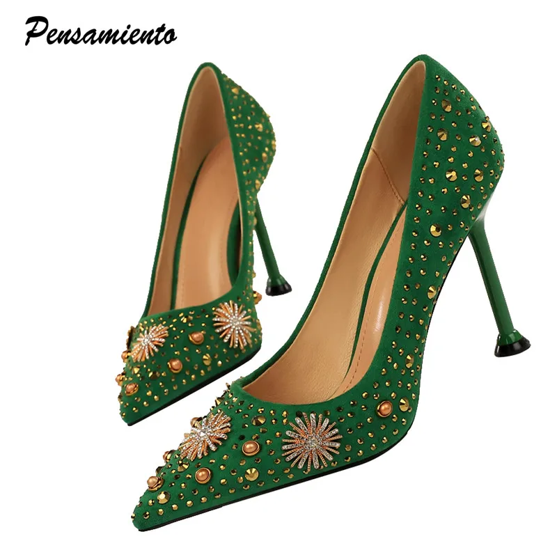 

2019 Vintage Rhinestones rivet Women Pumps Plus size 34-43 Slip on Shallow High heels Elegant Thin heeled Office Lady Shoes