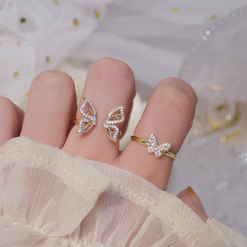 Cz-Ring Zircon Wedding-Jewelry Gift 14K Open-Design Adjustable Korean Real Gold Hollow