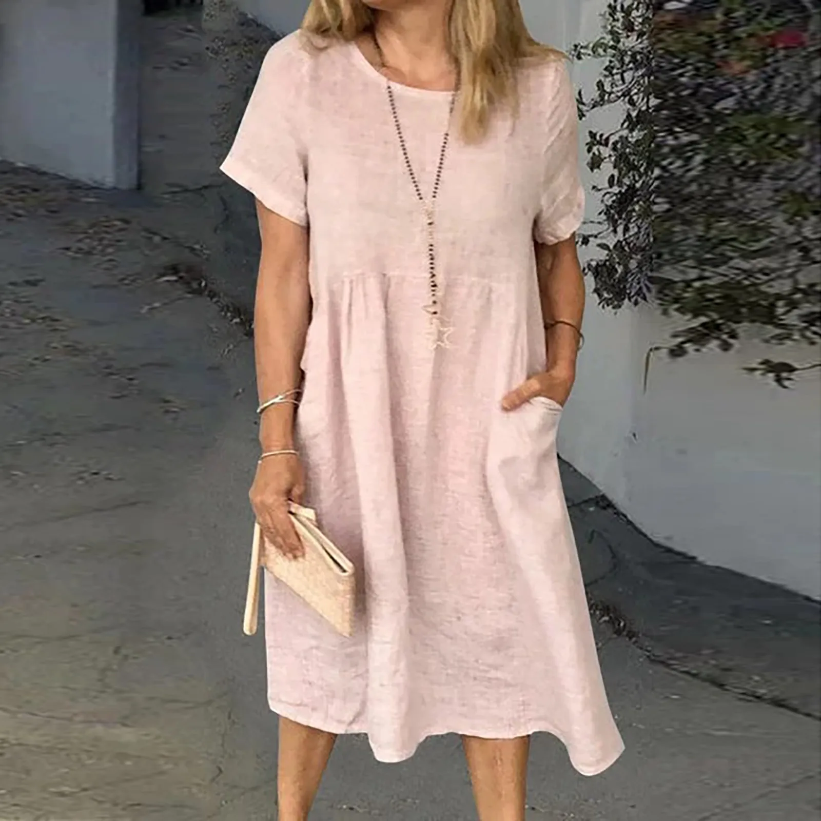 Summer Women's Casual Solid Color Dresses Short-sleeve O-neck Dress Pocket Cotton And Linen Dress For Ladies Женский Vestidos 1