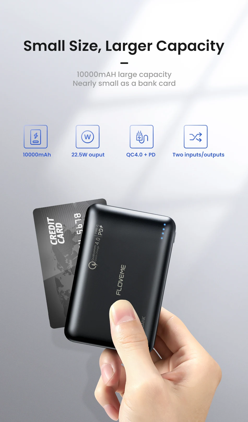 FLOVEME Mini Power Bank 10000mAh For Xiaomi QC4.0 PoverBank 10000