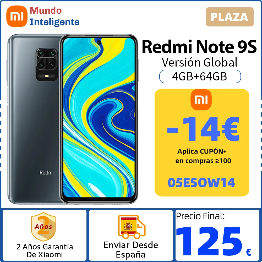 -14€ Código: 05ESOW14 , Xiaomi-smartphone Redmi Note 9S, versión Global Note 9 S, 64GB, 128GB, Snapdragon 720G, ocho núcleos, 6,67 pulgadas, FHD + 5020mAh, cámaras cuádruples ia de 48MP