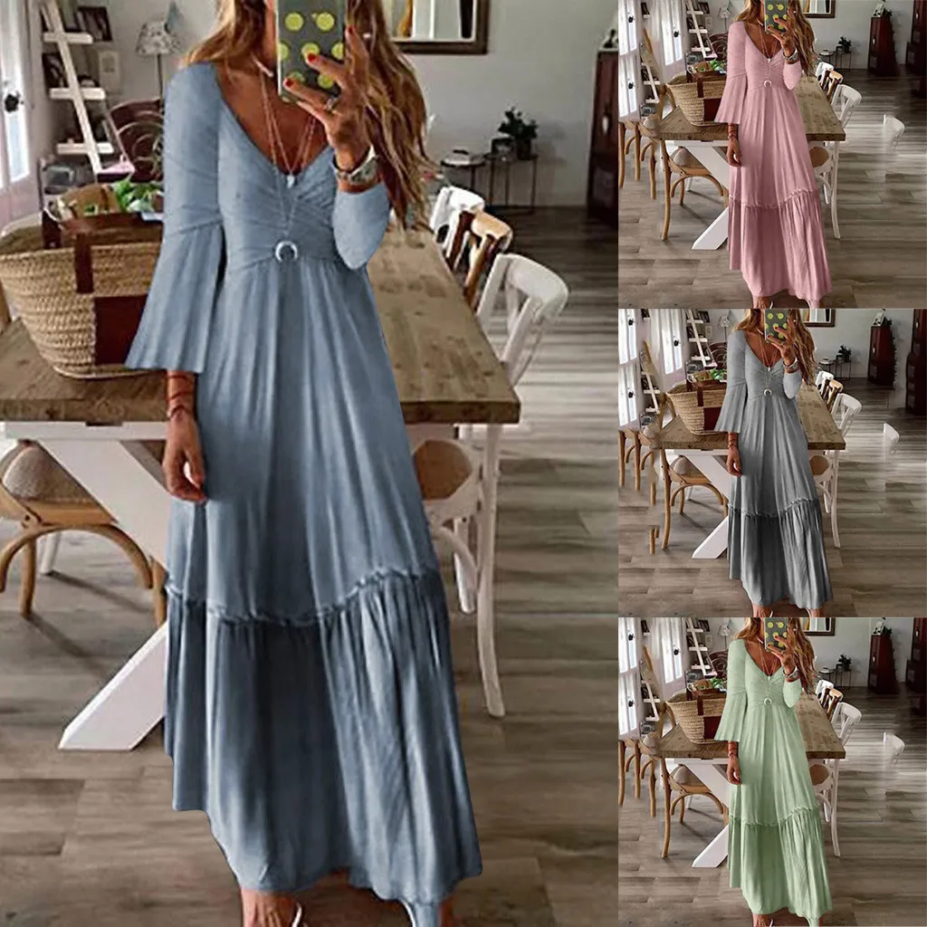 

Women Sexy Casual High Waist Bohe Lace Solid V Neck Party Club Long Vintag casual solid color Dress Vestidos Bodycon Dress 41*