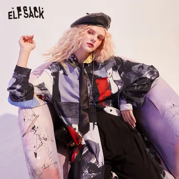 

ELFSACK Graphic Print Single Breasted Oversize Casual Shirts Women 2020 Summer ELF Full Sleeve Korean Ladeis Daily Chiffon Top