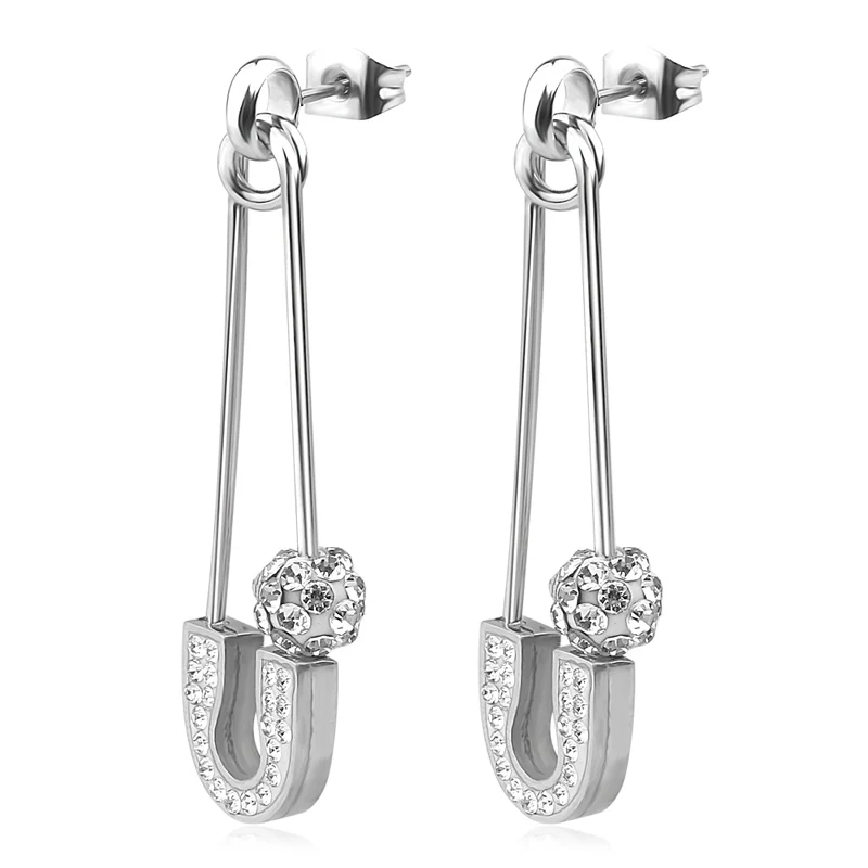 FINE4U E134 Stainless Steel Drop Earrings with Cubic Zirconias Women Dangle Earrings Delicate Dainty Jewelry - Metal Color: Steel