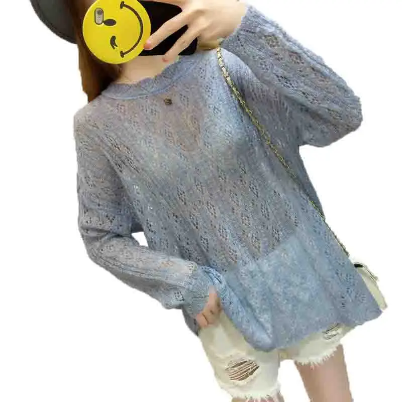 

Women's Openwork Knit Sweater Loose Round neck long Sleeve Head Casual Thin OL Street Women Sweater