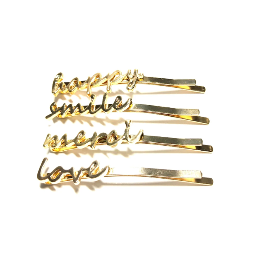 Word Letters Hairpins Smile Happy Merci Love Golden Silver Hair Clips Barrettes Hairgrips for Women Headwear Hair Accessories