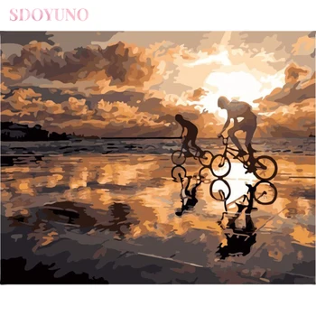 

SDOYUNO DIY painting by numbers with frame for adults abstract Cycling in the sunset coloring by numbers canvas painting kits