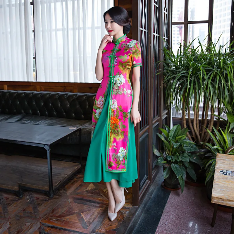 Новое Стильное женское длинное традиционное китайское Ципао элегантные винтажные платья два комплекта с принтом восточные платья Чонсам M L XL XXL XXXL
