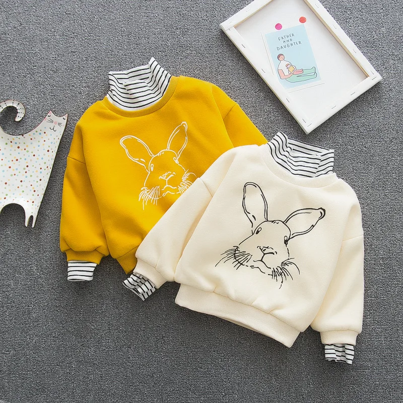Korean-style Child Hoodie New Style Cartoon Rabbit Printed Thick Base Shirt Winter Childrenswear