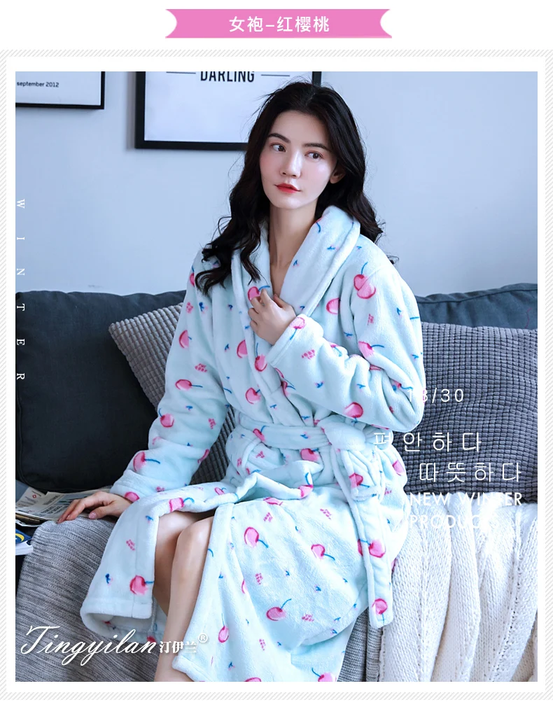 Зимние женские халаты, пижамы, плотные теплые фланелевые кимоно, банный халат для женщин, с цветочным рисунком, с длинным рукавом, Коралловая бархатная Ночная одежда, домашняя одежда