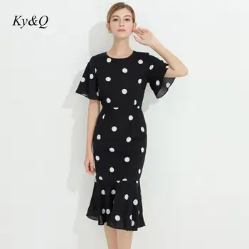 

Runway Design Vintage 2020 Summer New Fashion Round Neck Short Sleeve Hem Fishtail Mid-length Black Point Dress Party Clothes