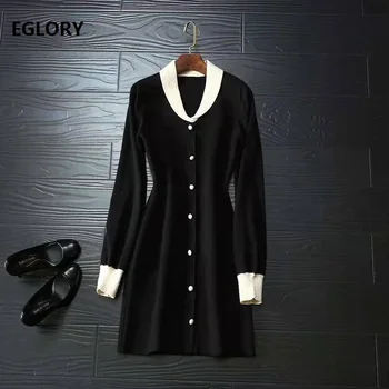 

High Quality Knitted Dress 2020 Spring Autumn Casual Sweater Dress Women Black White Color Block Long Sleeve Cardigan Dress