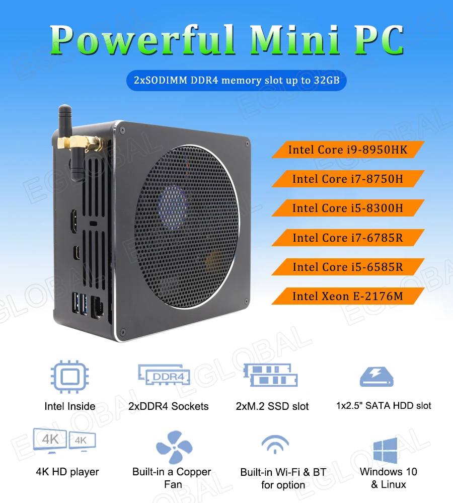 Eglobal Coffee lake i9 8950HK DDR4L двухканальный NUC компьютер 6 ядер 12 потоков самый мощный UHD