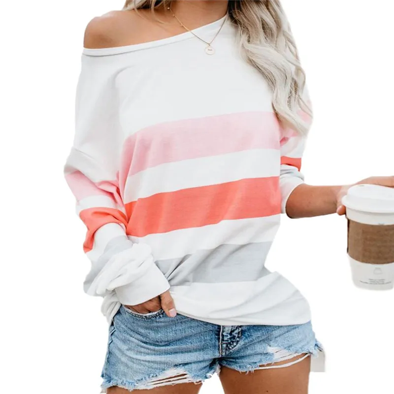 

One Off Shoulder Sweatshirt Women Fashion Stripe Hoodies Tops Long Sleeve Print Kawaii Hoody Pullovers Moletom Sudaderas Mujer