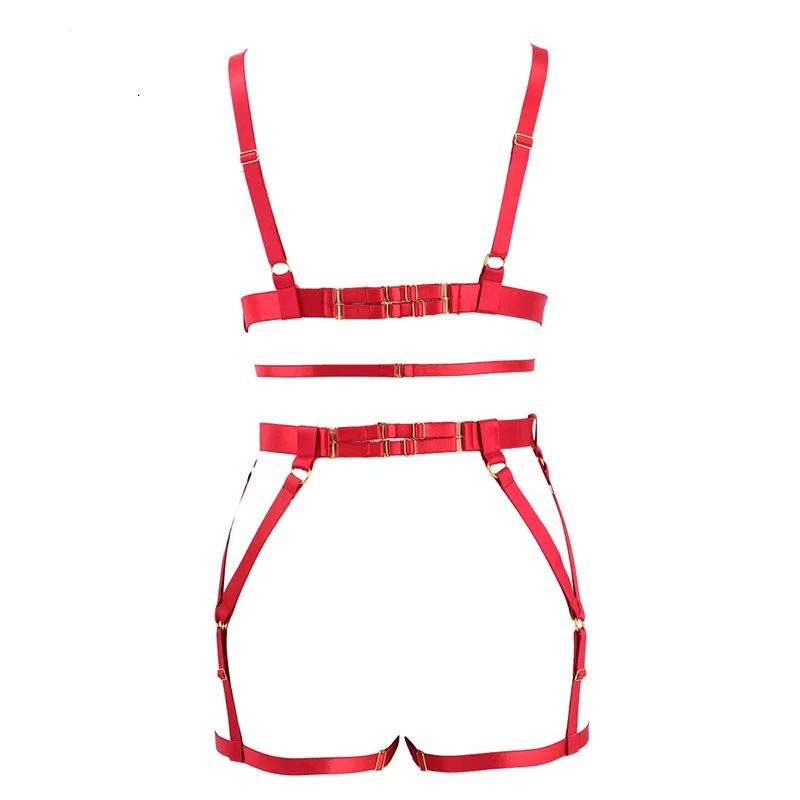 Gothic red bow suspender bra garter belt fetish body bondage harness set female sexy pole dance bondage lingerie top catsuit