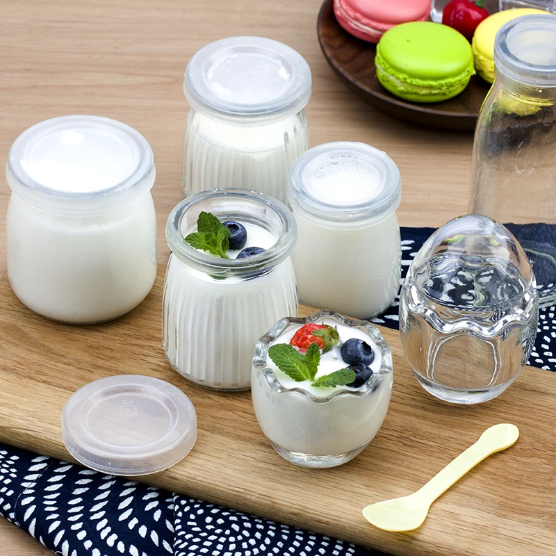 A pack of 4 pudding glass bottles with lid.Eggshell shape Party bakery tools Mousse cake bottling Jelly mold Yogurt cup Shaped