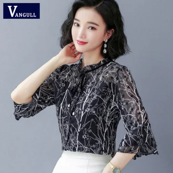 

Vangull Blouse Bow Womens Tops Blouses 2019 Autumn New Flare Sleeve Stand Collar Pullover Print Chic Shirts Boho Street Blouse