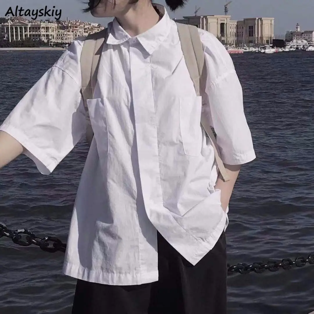 Blusa de verano blanco de manga corta de mujer camisa estilo coreano Ulzzang sólido suelto de talla grande Tops Bf japonés gran oferta nuevo