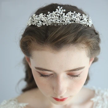 

Shine Crystal Bridal Hairband Silver Color Wedding Tiara Floral Hair Crown Hand wired Women Prom Headpiece Accessories
