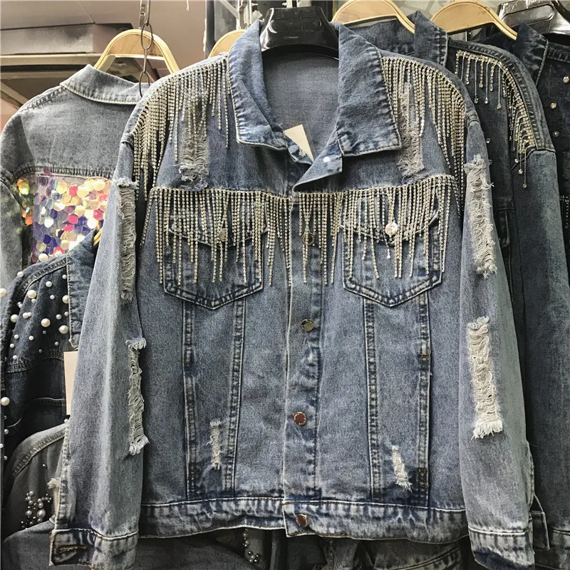 

INS Heavy Beaded Tassel Ripped Denim Jacket Women's Loose-Fit Spring and Autumn 2020 New Hole Jean Jacket Women's Top Chaqueta