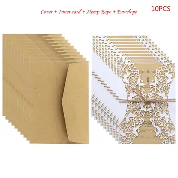 

10pcs/set Laser Cut Hollow Wedding invitations Cards Lace Hemp Rope Invite Envelopes Kits For Engagement Bridal Baby Shower