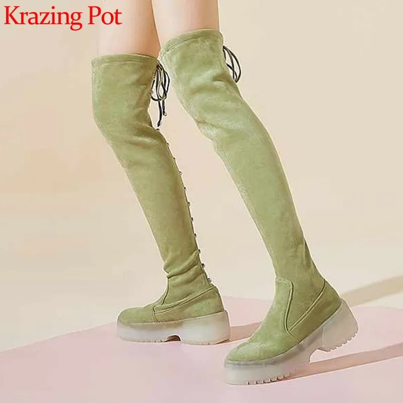 Krazing Pot/Модные дышащие женские сапоги до бедра из овечьей замши с круглым носком на высоком каблуке со шнуровкой и блестящими кристаллами; L83