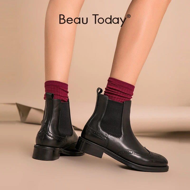 BeauToday Botas Chelsea Brogue para mujer, de piel auténtica, de piel de becerro hechos a mano de grande, 03026|ankle shoes| chelsea bootschelsea boots women -