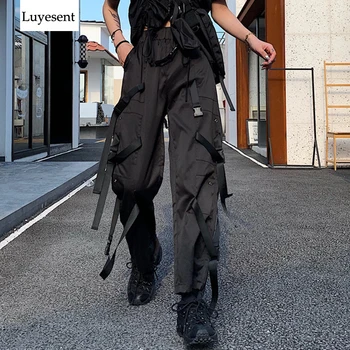 

Punk Black Cool Women Cargo Pants Ribbon With Plastic Buckle 2020 Lady Pockets Rock Outdoor Pocket Ankle-Length Straight Trouser