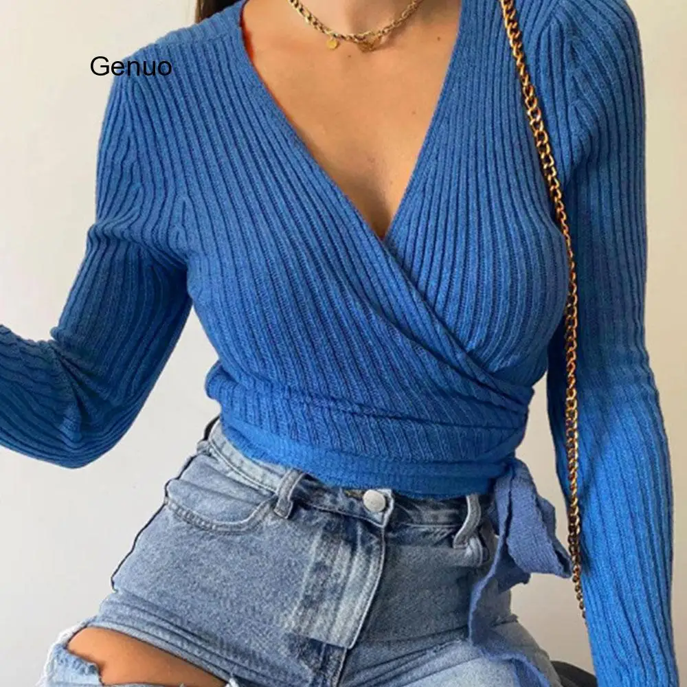 

Autumn Winter Knitted Sweater Women V-neck Slim Pullovers Sweater Ladies Wrap Sweaters Female Casual Sweater Jumper