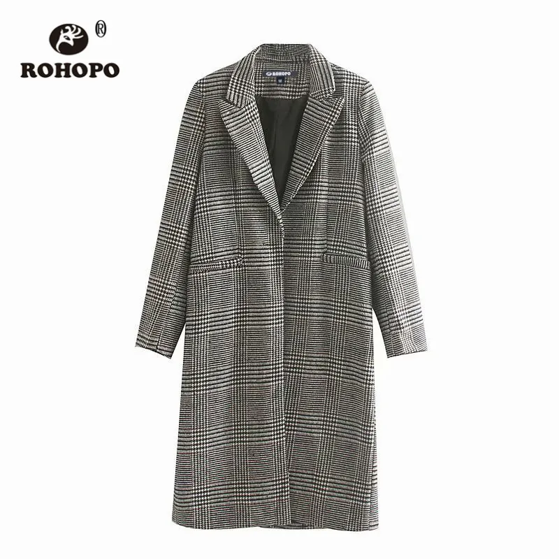 

ROHOPO Houndstooth Notched Collar Side Pocket Knee Length Grey Blend Coat Single Button Ladies British Academy wool Coat #9295