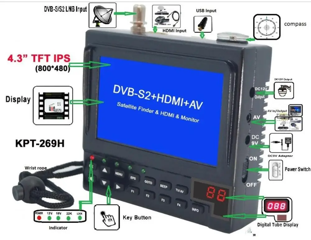 KPT-269H DVB-S2 SatelliteFinder Full HD цифровой спутниковый ТВ приемник искатель метр MPEG-4 HD DVB-S спутниковый искатель