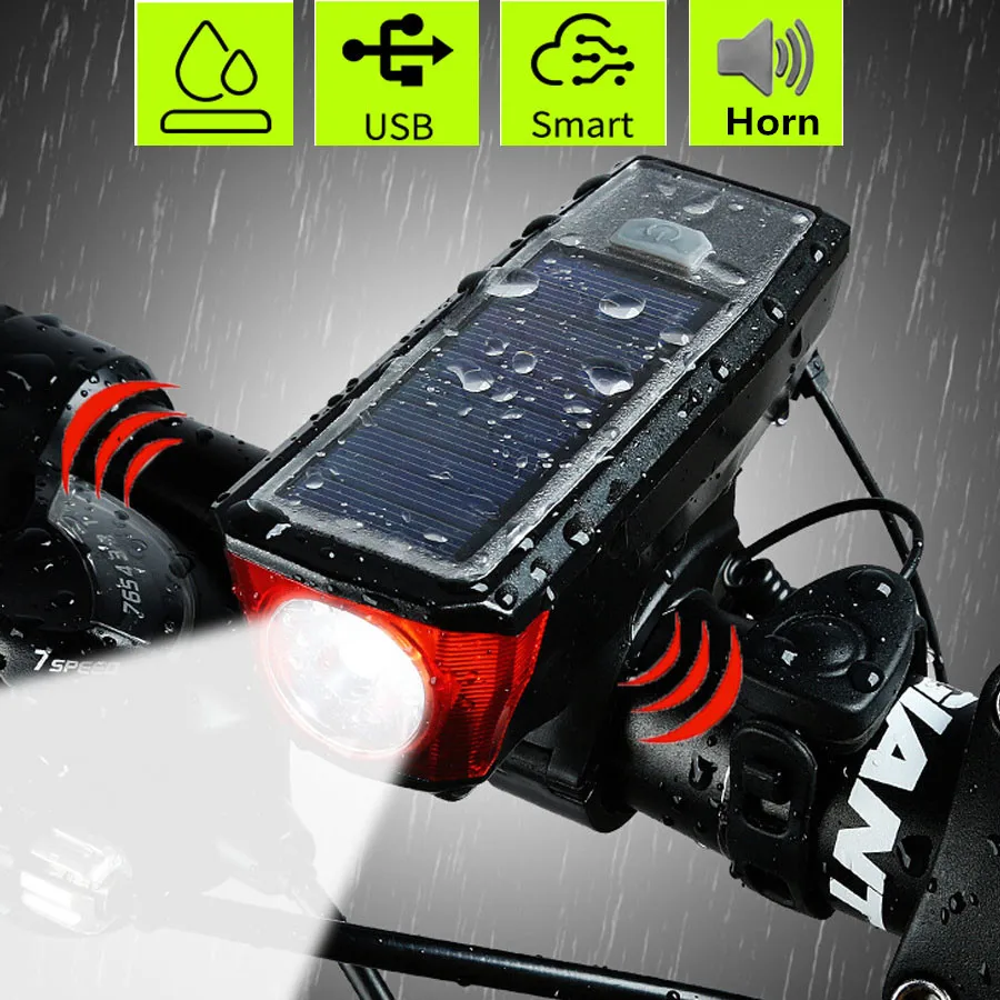 

Bicycle Light + bell + power bank + Solar Powered + USB Rechargeable Waterproof Bike Front Light lamp Cycling Led flashlight
