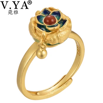 

V.YA South Red Lotus 925 Thai Silver Cloisonne Open Rings For Women Retro Style Lady Prevent Allergy Sterling Silver Jewelry