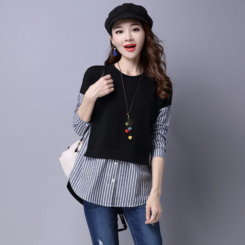 

Lady Striped Cotton Loose Shirt Spring Autumn Women Long Sleeve False Two Piece Stripe Tops and Blouese