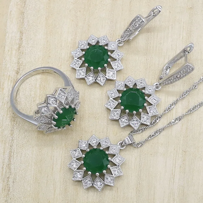 Благородный 925 Серебряный свадебный ювелирный набор для женщин зеленый кубический цирконий серьги кулон ожерелье кольца браслет Подарочная коробка - Окраска металла: 3PCS
