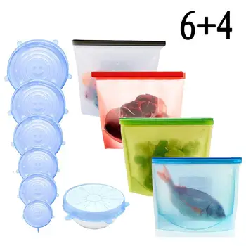

Silicone Food Storage Bag & Silicone Stretch Lids, Reusable Food Preservation Bag Airtight Food Storage Container set of 10