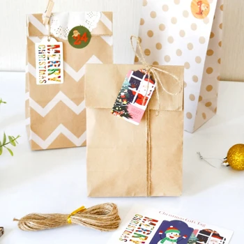 

24 Sets Christmas 1-24 Advent Calendar Kraft Candy Bag with Tags Clips Stickers 67JB
