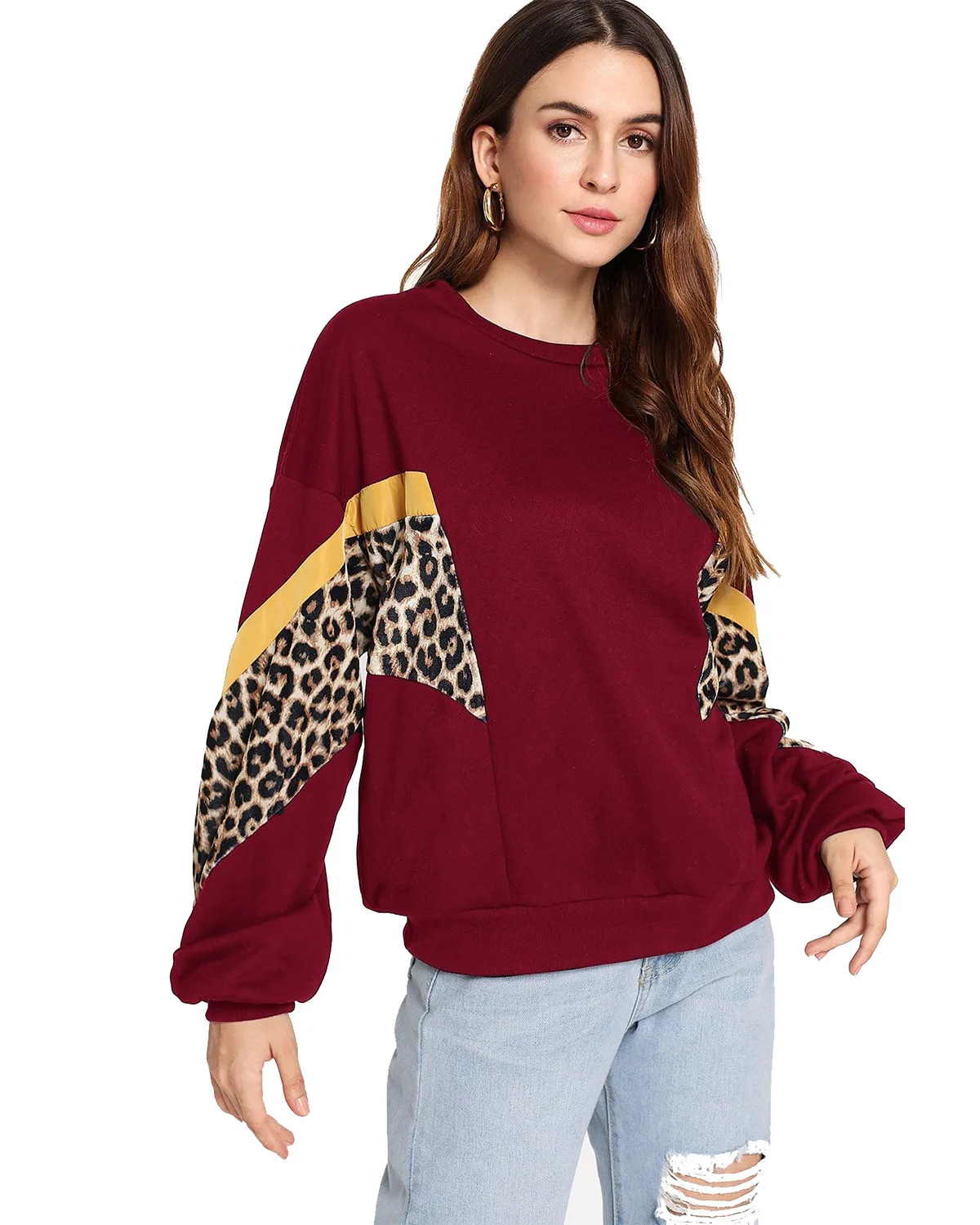 ENXI Fashion Leopard Sleeve Pregnancy Shirt Comfortable Patchwork Maternity Hoodie Long Sleeve Pregnant Women Hoodies Tops - Цвет: Red
