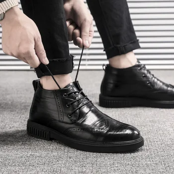 

shoes men's Korean Plush warm boots British high top shoes casual cotton shoes leather Martin boots black leather boots