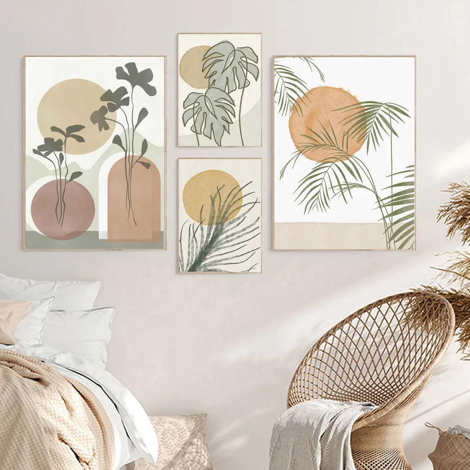 Boho Monstera бамбуковый лист солнце абстрактная настенная Картина на холсте