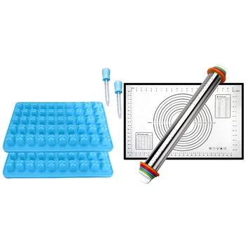 

1 Set Silicone Bear Candy Molds with 2 Droppers & 2 Pcs Rolling Pins with 4 Adjustable Thickness Rings and Pastry Mat