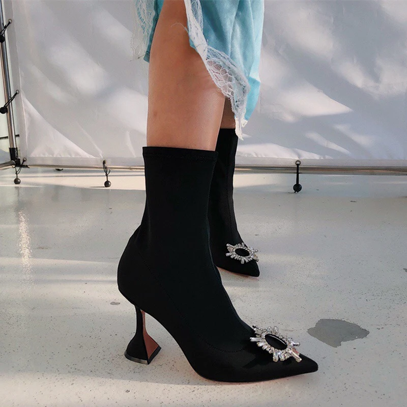 Роскошный дизайн; сексуальный носок; эластичные сапоги; женская обувь на высоком каблуке; украшенные кристаллами ботильоны для женщин - Цвет: black -9 cm Heels
