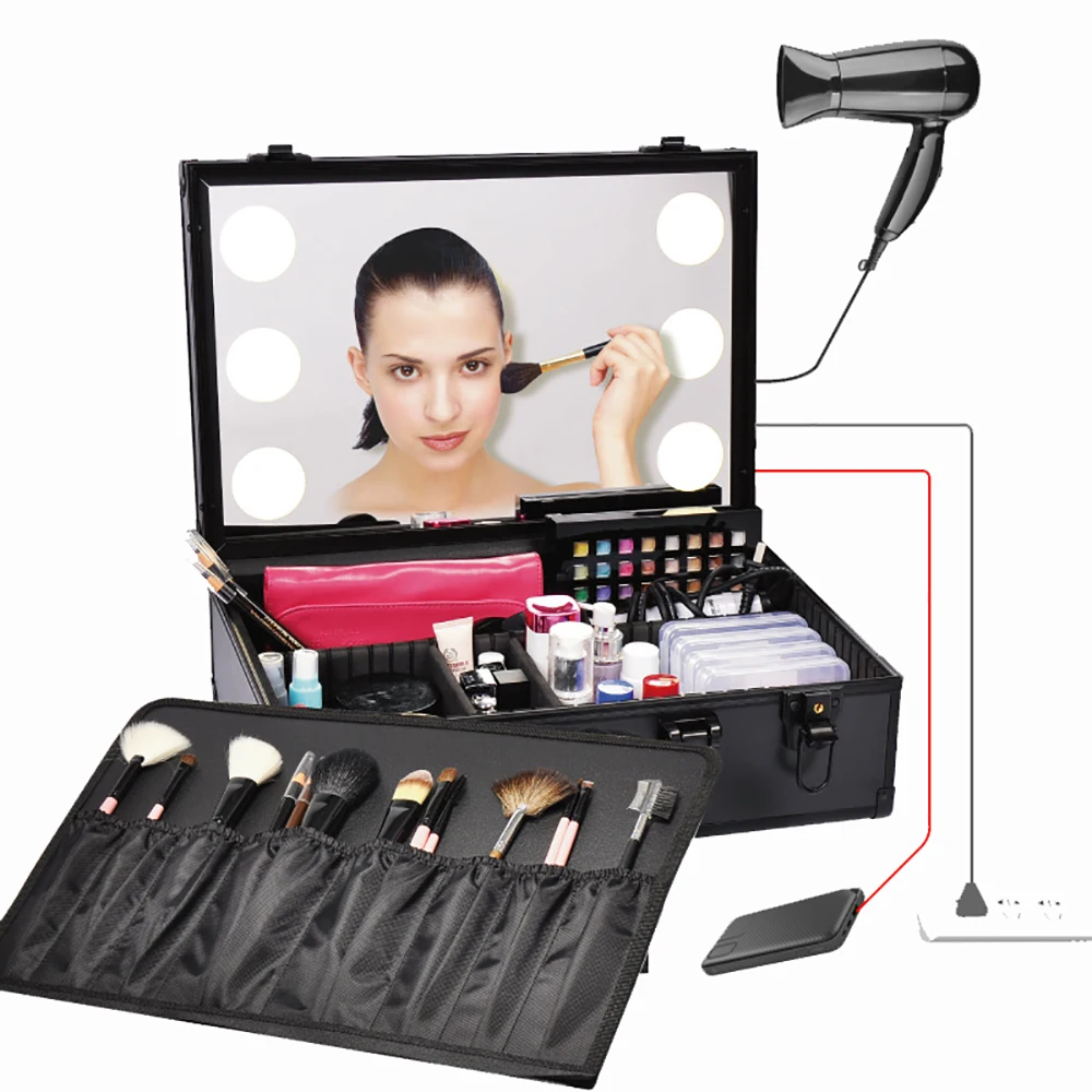 

Professional Rechargeable Portable Cosmetic Case Makeup Artist Train Case Cosmetic Storage Box With Light 100-250V/5V Y