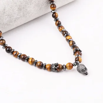 High Quality New Design 24inches Natural Stone Brown Tiger Eye Beads CZ Skull Charm Pendant Necklace For Men