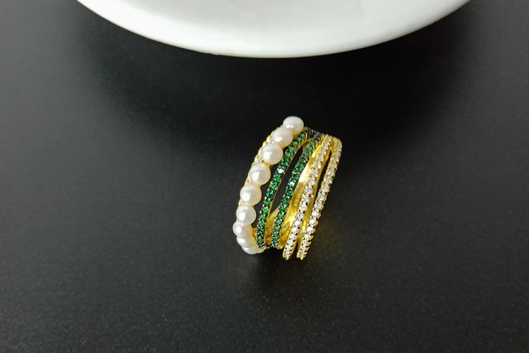 925 Sterling Silver White Green Zircon 6 Multi Hoop Circles Ring with Pearl Women fashion party finger ring monaco Jewelry