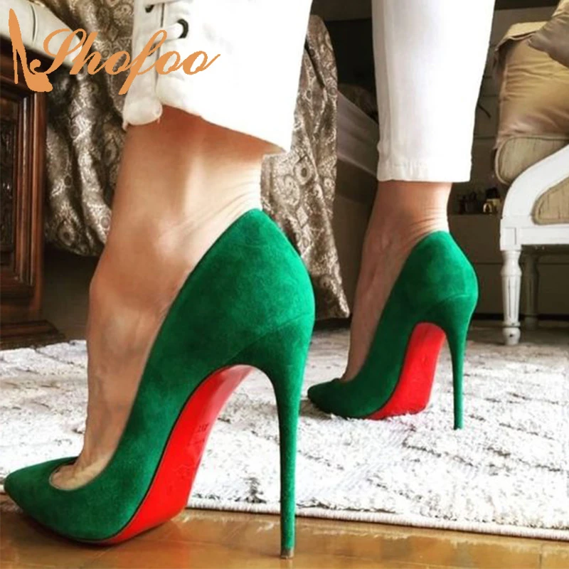 Zapatos de tacón de aguja para calzado de punta estrecha, Sexy, color verde, suela roja, talla grande 12 16, Shofoo|Zapatos de de - AliExpress