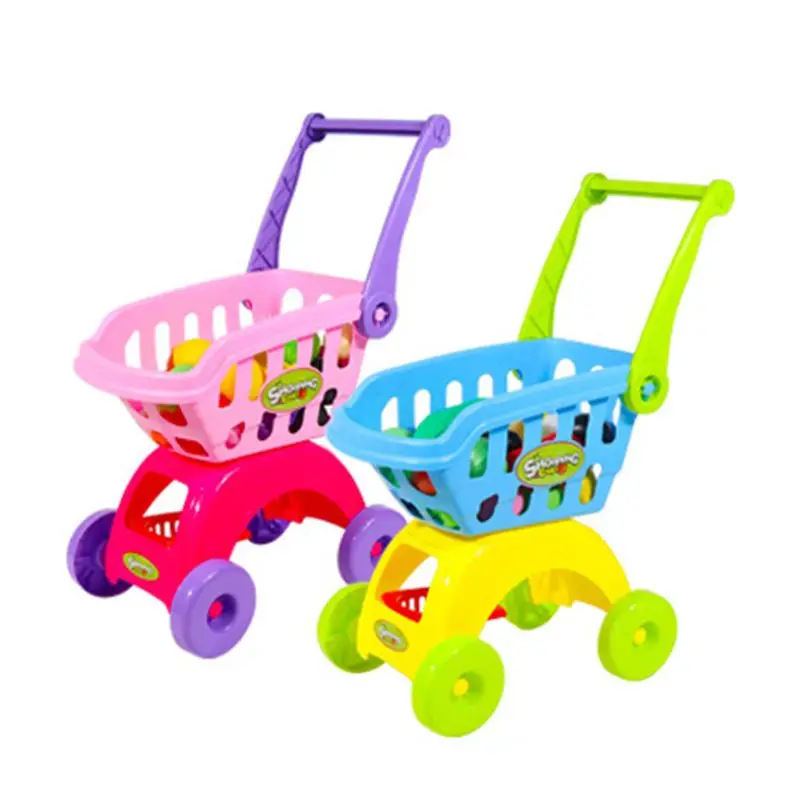 Childrens Shopping Trolley Cart Play Food Set Kids Pretend Shop Push Along Toy
