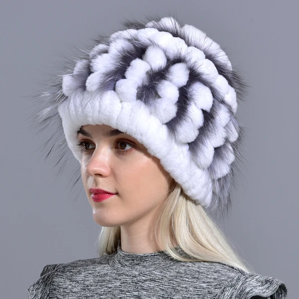 natural rabbit fur hats for women winter real fur warm knitted rex fur fluffy floral fox elegant girls outdoorsnow hat - Цвет: White